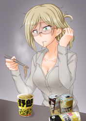 Rule 34 | 1girl, alternate costume, anti (untea9), blush, breasts, brown hair, can, chopsticks, cleavage, collarbone, cup ramen, eating, folded ponytail, food, food in mouth, glasses, gradient background, green eyes, grey background, grey shirt, highres, holding, holding chopsticks, kantai collection, katori (kancolle), large breasts, long sleeves, looking at viewer, noodles, open mouth, parted bangs, shaded face, shirt, short hair, solo, strong zero
