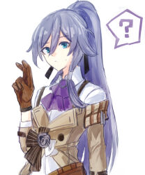 Rule 34 | 1girl, ?, ascot, bag, belt, belt bag, blue eyes, blue hair, brown bag, brown belt, brown gloves, brown jacket, closed mouth, coattails, commentary request, detective, fu hua, fu hua (hawk of the yard), fu hua (valkyrie accipiter), gloves, grey hair, hair between eyes, high ponytail, highres, honkai (series), honkai impact 3rd, jacket, long hair, long sleeves, looking at viewer, mmhy hk, off shoulder, official alternate costume, open clothes, open jacket, ponytail, purple ascot, shirt, simple background, solo, speech bubble, spoken question mark, sweat, upper body, white background, white shirt