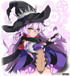 Rule 34 | 1girl, absurdres, bare shoulders, black gloves, braid, cape, capelet, copyright name, earrings, fingerless gloves, gloves, hat, highres, hilda (stella glow), jewelry, leotard, light purple hair, long hair, looking at viewer, purple background, simple background, solo, stella glow, tsurime, witch hat, yellow eyes