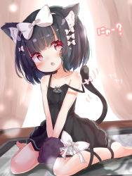 Rule 34 | 1girl, animal ear fluff, animal ears, animal hands, bare shoulders, barefoot, black dress, blunt bangs, blush, bow, cat ears, cat girl, cat tail, collarbone, commentary request, crossed bangs, dress, fang, full body, gloves, hair bow, highres, indoors, looking at viewer, medium hair, miria (mamamamave), nyan, open mouth, original, paw gloves, pink eyes, runa (miria), sidelocks, skin fang, solo, tail, tail bow, tail ornament, white bow