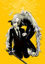 Rule 34 | 2boys, ae2w3, angel, angel devil (chainsaw man), angel wings, black jacket, black neckwear, black pants, blood, blood from mouth, blood on clothes, business suit, chainsaw man, collared shirt, closed eyes, feathered wings, feathers, kissing forehead, formal, full body, halo, hayakawa aki, highres, holding, holding sword, holding weapon, jacket, kiss, kissing forehead, long hair, male focus, multiple boys, necktie, neckwear request, pants, shirt, short hair, simple background, suit, sword, weapon, white shirt, wings, yaoi, yellow background