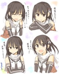 Rule 34 | 10s, 1girl, :d, ^ ^, bare shoulders, black eyes, black gloves, black hair, elbow gloves, closed eyes, gloves, hair down, hair ornament, kantai collection, mashayuki, open mouth, sailor collar, scarf, sendai (kancolle), short hair, smile, translation request, two side up, white background, white scarf