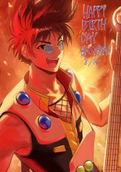 Rule 34 | 1boy, brown hair, character name, fire, glasses, guitar, happy birthday, highres, instrument, looking at viewer, macross, macross 7, male focus, nekki basara, open mouth, pote-mm, red eyes, solo