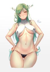 Rule 34 | 1girl, absurdres, antlers, blush, braid, braided bangs, branch, breasts, cameltoe, ceres fauna, flower, green hair, hair flower, hair ornament, highres, hololive, hololive english, horns, large breasts, long hair, looking at viewer, medium breasts, multicolored hair, myth1carts, narrow waist, navel, nun, single braid, solo, underboob, virtual youtuber, yellow eyes
