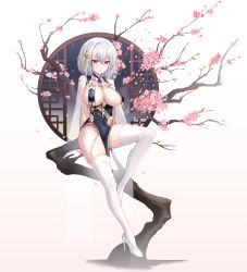 Rule 34 | 1girl, absurdres, azur lane, braid, branch, breast curtains, breasts, cherry blossoms, china dress, chinese clothes, covered navel, dress, full body, garter straps, gloves, grey dress, half gloves, high heels, highres, large breasts, looking at viewer, medium hair, official alternate costume, pelvic curtain, pink background, red eyes, revealing clothes, ribbon between breasts, see-through, see-through sleeves, side braid, simple background, sirius (azur lane), sirius (azure horizons) (azur lane), skindentation, solo, thighhighs, two-tone leotard, white footwear, white gloves, white hair, white thighhighs, zeukiar
