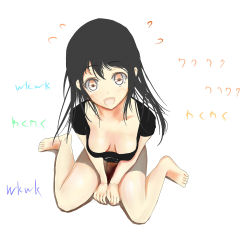 Rule 34 | 1girl, barefoot, black hair, blush, breasts, brown eyes, cleavage, downblouse, flying sweatdrops, full body, long hair, looking at viewer, medium breasts, no bra, open mouth, original, sitting, smile, solo, tomoki (omaenoie), translation request, wariza