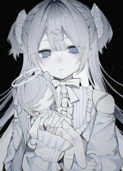 Rule 34 | 1girl, ahoge, bare shoulders, black background, blue eyes, doll, expressionless, frilled shirt collar, frills, grey hair, hair ornament, hairclip, halo, highres, holding, holding doll, long hair, looking at viewer, neck ribbon, nekosa, original, parted lips, ribbon, simple background, solo, tearing up, two side up, upper body
