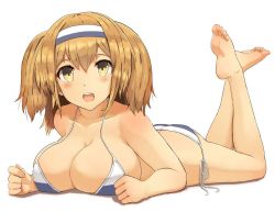 Rule 34 | 10s, 1girl, alternate costume, bad id, bad pixiv id, barefoot, bikini, breasts, brown eyes, cleavage, commentary request, feet, hairband, i-26 (kancolle), kantai collection, large breasts, light brown hair, long hair, looking at viewer, lying, on stomach, open mouth, osananajimi neko, revision, smile, soles, solo, swimsuit, the pose, toes, two side up