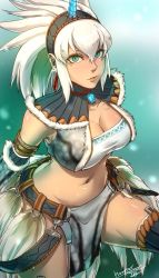 Rule 34 | 1girl, bandeau, belt, breasts, capcom, cleavage, earrings, green eyes, hairband, highres, horns, jewelry, kirin (armor), looking at viewer, midriff, monster hunter (series), navel, non (nonzile), short hair, single horn, solo, vest