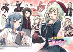 3girls bang_dream! bang_dream!_it&#039;s_mygo!!!!! beret black_choker black_hair black_jacket black_pantyhose black_ribbon black_skirt blue_hair blue_shirt blue_skirt blush bullfalk choker closed_eyes closed_mouth commentary_request costume gameplay_mechanics green_hair grey_neckerchief grey_skirt hair_ornament hair_ribbon hairclip hat jacket long_hair long_sleeves medium_hair mortis_(bang_dream!) multiple_girls neck_ribbon neckerchief one_eye_closed open_mouth outstretched_arms pantyhose pantyhose_under_shorts pleated_skirt red_hat red_shirt red_shorts ribbon shirt shorts skirt spread_arms sweatdrop togawa_sakiko twintails wakaba_mutsumi white_shirt yahata_umiri yellow_eyes