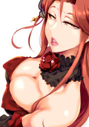 Rule 34 | 1girl, absurdres, bare shoulders, blurry, breasts, brown eyes, brown hair, cleavage, depth of field, flower, from above, from side, hair ornament, highres, idolmaster, idolmaster cinderella girls, idolmaster cinderella girls starlight stage, lips, long hair, looking at viewer, looking up, medium breasts, neck flower, neck ruff, otochichi, parted lips, pink lips, red flower, red rose, rose, sidelocks, simple background, solo, white background, zaizen tokiko