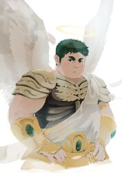 Rule 34 | 1boy, :&lt;, absurdres, angel, angel wings, armor, backlighting, bara, crave saga, falling feathers, feathers, green eyes, green hair, halo, hands on own hips, highres, inutora08, long sideburns, looking at viewer, male focus, muscular, muscular male, sash, shmiel (crave saga), short hair, sideburns, simple background, solo, thick eyebrows, v-shaped eyebrows, white background, wings