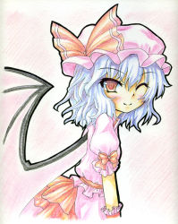 Rule 34 | 1girl, bat wings, blouse, blue hair, blush, bow, calligraphy brush (medium), colored pencil (medium), female focus, hat, hat bow, looking at viewer, millipen (medium), one eye closed, outline, pink background, puffy sleeves, red eyes, remilia scarlet, shirt, short hair, short sleeves, simple background, skirt, smile, solo, touhou, traditional media, wings, wink, wrist cuffs, yuran (kuen-hien)