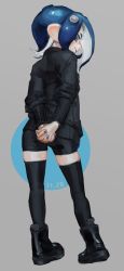 Rule 34 | 1girl, arms behind back, bad id, bad pixiv id, bike shorts, black footwear, black thighhighs, blue hair, blue nails, boots, closed mouth, dated, fingernails, full body, grey eyes, interlocked fingers, legs apart, long sleeves, looking back, medium hair, nail polish, nintendo, octoling, octoling girl, octoling player character, oimo (oimkimn), own hands together, smile, solo, splatoon (series), splatoon 2, splatoon 2: octo expansion, standing, suction cups, tentacle hair, thighhighs, thighs, zettai ryouiki