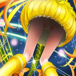 Rule 34 | 10s, 1girl, boots, bubble skirt, cure muse, cure muse (yellow), from behind, haruyama kazunori, knee boots, kneepits, magical girl, musical note, panties, pantyshot, partially visible vulva, precure, shirabe ako, skirt, solo, staff (music), suite precure, underwear, upskirt, yellow skirt