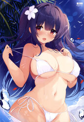 Rule 34 | 1girl, absurdres, bikini, blue sky, breasts, day, falling petals, flower, hair flower, hair ornament, highres, kagerou (shadowmage), large breasts, long hair, looking at viewer, navel, non-web source, open mouth, original, outdoors, palm tree, petals, purple hair, red eyes, side-tie bikini bottom, skindentation, sky, smile, solo, swimsuit, tree, two side up, underboob, wading, water drop, wet, white bikini, white flower
