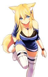 Rule 34 | 1girl, animal ear fluff, animal ears, aoi (naomi), bad id, bad pixiv id, blonde hair, blue eyes, breasts, cleavage, fox ears, fox tail, hair between eyes, huge breasts, hutaba aoi, leaning forward, long hair, looking at viewer, nanashin naomi, original, simple background, smile, solo, standing, standing on one leg, tail, thighhighs, very long hair, white background, white thighhighs