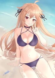 Rule 34 | 1girl, ahoge, alternate costume, bikini, black bikini, breasts, cowboy shot, dated, gucchi (gucchi zuizui), highres, kantai collection, large breasts, light brown hair, long hair, murasame (kancolle), partially submerged, red eyes, signature, solo, swimsuit, two side up, v, water