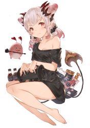 Rule 34 | 1girl, nanashi inc., bad id, bad pixiv id, bare legs, bare shoulders, barefoot, black shirt, bottle, breasts, cleavage, closed mouth, collarbone, cone hair bun, creature, demon tail, full body, hair bun, hanarito, highres, holding, honey strap, long hair, looking at viewer, medium breasts, multicolored hair, off-shoulder shirt, off shoulder, pink hair, pointy ears, red eyes, shirt, short sleeves, sidelocks, silver hair, simple background, solo, suou patra, tail, thighs, two-tone hair, v-shaped eyebrows, virtual youtuber, white background