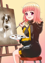 Rule 34 | absurdres, blunt bangs, breasts, canvas (object), easel, gradient background, highres, holding, holding paintbrush, hood, hoodie, large breasts, looking at viewer, masamurai, open mouth, paint, paintbrush, painting (action), palette (object), pink eyes, pink hair, short hair, sitting, smile, stool, tv tokyo