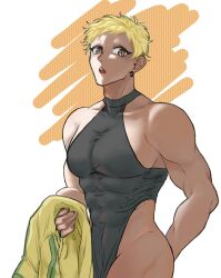 Rule 34 | 1boy, black leotard, blonde hair, chinese commentary, commentary request, covered abs, cowboy shot, haruno shion, highres, holding, holding clothes, holding jacket, jacket, large pectorals, leotard, luwuyuan853, male focus, muscular, muscular male, open mouth, pectorals, saibou shinkyoku, short hair, slit pupils, solo, teeth, upper teeth only, yellow eyes, yellow jacket