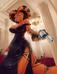 Rule 34 | 1girl, architecture, black dress, body markings, breasts, dress, furry, gun, handgun, highres, holding, holding gun, holding weapon, lamia, large breasts, long tongue, looking at viewer, monster girl, non-web source, scales, smile, snake hair, solo, sparkitty, tail, tongue, weapon