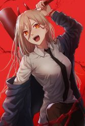 Rule 34 | blood, chainsaw man, hammer, holding, holding hammer, horns, long hair, long sleeves, looking at viewer, necktie, off shoulder, open mouth, power (chainsaw man), red background, rune (rne at), sharp teeth, shirt, simple background, teeth, white shirt, yellow eyes