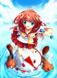 Rule 34 | 1girl, animal, anime north, aqua eyes, compass, day, from above, green eyes, hair ornament, hoppouno momiji, kaze-hime, laughing, long hair, looking down, map, miniskirt, open mouth, pleated skirt, red hair, school uniform, serafuku, shoes, skirt, sky, smile, socks, solo, uniform, water