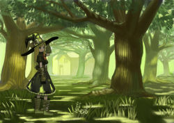 Rule 34 | 1girl, belt, black dress, black eyes, black skirt, blonde hair, boots, commentary request, dress, forest, gloves, grass, green theme, hand on headwear, hat, hat belt, highres, house, large belt, long hair, looking at viewer, looking back, nature, original, red ribbon, ribbon, skirt, solo, standing, tree, wasabi60, witch hat
