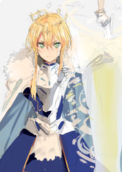 Rule 34 | 1girl, absurdres, armor, artoria pendragon (fate), artoria pendragon (lancer) (fate), blonde hair, crown, fate/grand order, fate (series), glowing, green eyes, highres, long hair, looking at viewer, nesume, polearm, rhongomyniad (fate), saber (fate), solo, spear, weapon