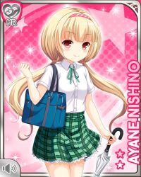 Rule 34 | 1girl, blonde hair, card, character name, closed hand, closed mouth, girlfriend (kari), green neckwear, green skirt, headband, holding, holding umbrella, nishino ayane, official art, pink background, plaid, plaid skirt, qp:flapper, red eyes, school uniform, shirt, skirt, smile, standing, tagme, twintails, umbrella, white shirt