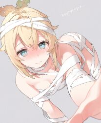 Rule 34 | 1girl, ahoge, alternate costume, aqua eyes, bandaged arm, bandaged chest, bandaged head, bandaged leg, bandages, blonde hair, blush, breasts, center-flap bangs, cleavage, closed mouth, commentary, frown, grey background, hair ornament, halloween costume, hana mori, highres, hololive, kazama iroha, leaf hair ornament, looking at viewer, medium breasts, mummy costume, naked bandage, nose blush, outstretched arm, reaching, reaching towards viewer, short hair, simple background, small breasts, solo, sweat, symbol-only commentary, translation request, virtual youtuber