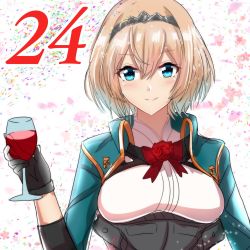 Rule 34 | 1girl, alcohol, aqua eyes, blonde hair, blush, closed mouth, cup, drinking glass, flower, hair between eyes, highres, holding, holding cup, kantai collection, long sleeves, military, military uniform, official alternate hair length, official alternate hairstyle, red flower, red ribbon, red rose, ribbon, roko roko (doradorazz), rose, short hair, smile, solo, tiara, uniform, upper body, victorious (kancolle), wine, wine glass