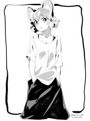 Rule 34 | 1girl, absurdres, animal ears, border, casual, closed mouth, dated, greyscale, hands in pockets, highres, looking at viewer, monochrome, mouse ears, nazrin, reiga (act000), short hair, short sleeves, signature, simple background, skirt, solo, touhou, white background, white border