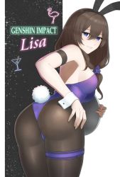 Rule 34 | 1girl, absurdres, alternate costume, ass, bare shoulders, blue eyes, blush, breasts, brown hair, come hither, from behind, genshin impact, gloves, highres, large breasts, leotard, lisa (genshin impact), long hair, looking at viewer, pantyhose, parted lips, playboy bunny, rabbit ears, rabbit tail, ryou (ryoutarou), shiny clothes, shiny skin, sideboob, smile, solo, tail, thigh strap, wrist cuffs