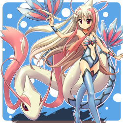 Rule 34 | 00s, 1girl, antennae, breasts, center opening, colored sclera, creatures (company), game freak, gen 3 pokemon, long hair, lowres, milotic, moemon, navel, nintendo, personification, pokemon, pokemon (creature), pokemon rse, red eyes, red sclera, swimsuit, tenjou ryuka, thighhighs