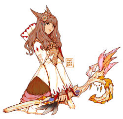 Rule 34 | 1girl, animal ears, blue eyes, brown hair, cat ears, circlet, commission, final fantasy, final fantasy xiv, holding, holding staff, lips, long hair, looking at viewer, manreeree, miqo&#039;te, profile, signature, simple background, slit pupils, smile, staff, white background, white mage (final fantasy)