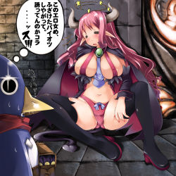 Rule 34 | 1girl, = =, black thighhighs, blush, boots, bow, breasts, demon girl, demon tail, disgaea, drooling, closed eyes, horns, hubrael, imminent rape, large breasts, legs, navel, necktie, panties, pink hair, pointy ears, prinny, revealing clothes, scarf, solo, spread legs, star (symbol), succubus (disgaea), sweat, tail, thigh boots, thighhighs, thighs, translation request, underwear, you gonna get raped
