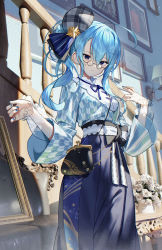 Rule 34 | 1girl, ahoge, bag, bespectacled, blouse, blue hair, blue nails, blue ribbon, blue shirt, closed mouth, drawing (object), duplicate, flower, glasses, grey hat, hair between eyes, handbag, hat, high-waist skirt, highres, hololive, hoshimachi suisei, layered sleeves, light particles, long hair, long sleeves, looking at viewer, nail polish, neck ribbon, picture frame, pixel-perfect duplicate, plaid headwear, plant, potted plant, ribbon, scottie (phantom2), see-through, see-through sleeves, shirt, side ponytail, sidelocks, skirt, solo, virtual youtuber, white flower, wide sleeves, yagasuri
