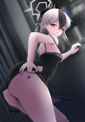 Rule 34 | 1girl, ass, awa yume, black dress, black hair, black horns, black nails, blue archive, blush, demon horns, dress, ear piercing, earrings, fingernails, grey hair, grey halo, grey jacket, hair between eyes, halo, highres, horns, jacket, jewelry, kayoko (blue archive), kayoko (dress) (blue archive), long hair, long sleeves, looking at viewer, multicolored hair, nail polish, official alternate costume, open clothes, open jacket, piercing, purple wings, red eyes, single wing, solo, wings