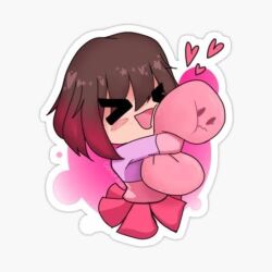 Rule 34 | akumu (glitchtale), bete noire, brown hair, closed eyes, glitchtale, hugging object, pink hair, pink shirt, purple shirt, shirt, skirt, smile, bad tag, white background