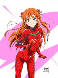 Rule 34 | 1girl, blue eyes, bodysuit, bracer, breasts, clenched hands, closed mouth, cowboy shot, gloves, headgear, highres, leaning forward, legs apart, light smile, long hair, looking at viewer, neon genesis evangelion, nii manabu, orange hair, pilot suit, plugsuit, purple background, signature, skin tight, skinny, small breasts, smile, solo, souryuu asuka langley, standing, turtleneck, two side up, very long hair, white background