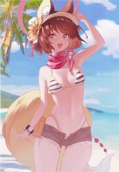 Rule 34 | 1girl, absurdres, animal ears, beach, bikini, black shorts, blue archive, breasts, brown hair, cowboy shot, day, fang, fox ears, fox tail, halo, highres, izuna (blue archive), izuna (swimsuit) (blue archive), medium breasts, navel, ocean, official alternate costume, open mouth, outdoors, pink halo, short hair, short shorts, shorts, skin fang, smile, solo, striped bikini, striped clothes, swimsuit, tail, yellow eyes, zutto (dfvn7377)
