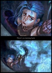 Rule 34 | 1girl, arcane: league of legends, arm up, blue eyes, blue hair, braid, commentary, different shadow, english commentary, english text, foreshortening, frown, highres, holding, jinx (league of legends), league of legends, long hair, powder (arcane), shadow, signature, solo, very long hair, vesta zc
