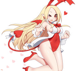 Rule 34 | &gt; o, 1girl, ;d, alternate breast size, bare legs, bare shoulders, bat wings, blonde hair, blush, breasts, cleavage, covered navel, demon tail, detached sleeves, disgaea, female focus, flonne, flonne (fallen angel), full body, heart, heart background, high heels, kuroonehalf, large breasts, leotard, long hair, looking at viewer, one eye closed, open mouth, pointy ears, red eyes, red leotard, ribbon, sideboob, signature, simple background, smile, solo, tail, tail ornament, tail ribbon, very long hair, white background, wings, wink