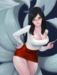 Rule 34 | 1girl, ahri (league of legends), alternate costume, animal ears, bespectacled, black hair, bling (wnsdud34), blue background, breasts, cleavage, collarbone, covered erect nipples, facial mark, fox ears, fox tail, glasses, hand on own hip, impossible clothes, kitsune, kyuubi, large breasts, league of legends, leaning forward, long hair, looking at viewer, multiple tails, pencil skirt, pointer, red-framed eyewear, semi-rimless eyewear, simple background, skindentation, skirt, smile, solo, tail, teacher, thighs, under-rim eyewear, wide hips, yellow eyes