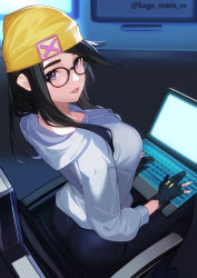 Rule 34 | 1girl, animification, artist name, beanie, black-framed eyewear, black hair, breasts, commentary request, computer, denim, glasses, gloves, hat, highres, hood, hood down, hoodie, indoors, jeans, kagematsuri, killjoy (valorant), laptop, large breasts, long hair, looking at viewer, looking to the side, pants, parted lips, partially fingerless gloves, purple eyes, round eyewear, sitting, twitter username, valorant, white hoodie, yellow hat
