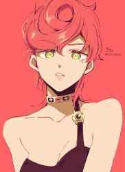 Rule 34 | 1girl, absurdres, bare shoulders, black dress, collarbone, dress, green eyes, hair between eyes, highres, jojo no kimyou na bouken, lips, looking at viewer, parted lips, pink lips, red background, red hair, signature, single strap, sofra, solo, trish una, twitter username, upper body, vento aureo