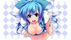 Rule 34 | 1girl, aged up, alternate hair length, alternate hairstyle, angry, aqua eyes, argyle, argyle background, argyle clothes, bent over, blue hair, blue panties, bow, breasts, cirno, cirno-nee, cleavage, curvy, downblouse, dragonmaterial, frown, hair bow, highres, hip focus, large breasts, leaning forward, long hair, open clothes, open mouth, open shirt, panties, panty pull, shirt, simple background, solo, standing, striped clothes, striped panties, teeth, thigh gap, thighs, touhou, underwear, undressing, wide hips, wings