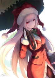 Rule 34 | 1girl, bow, dated, dqn (dqnww), fate/grand order, fate (series), florence nightingale (fate), florence nightingale (santa) (fate), gloves, hat, highres, long hair, over shoulder, pantyhose, pink eyes, pink hair, santa hat, signature, skirt, solo, umbrella gun, weapon, weapon over shoulder, white gloves